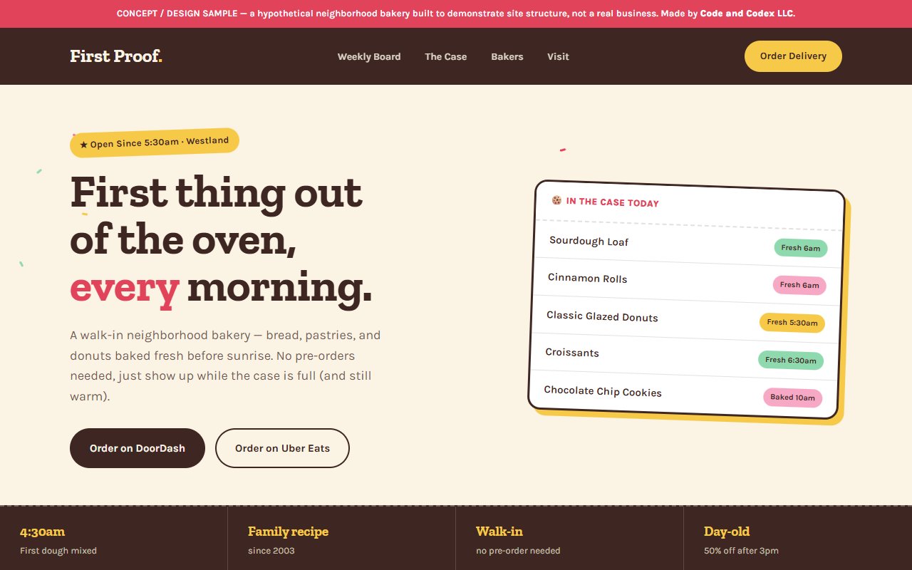 First Proof. concept bakery website, showing the homepage hero and daily case list.