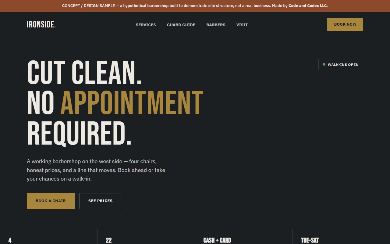 Ironside Barber Co. concept website, showing the homepage hero and walk-in status.