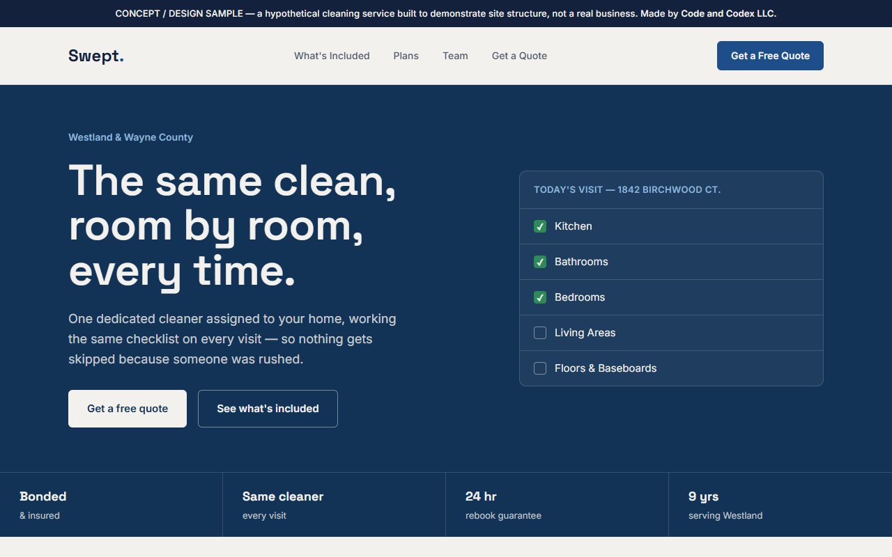 Swept. concept cleaning service website, showing the homepage hero and a per-visit checklist.