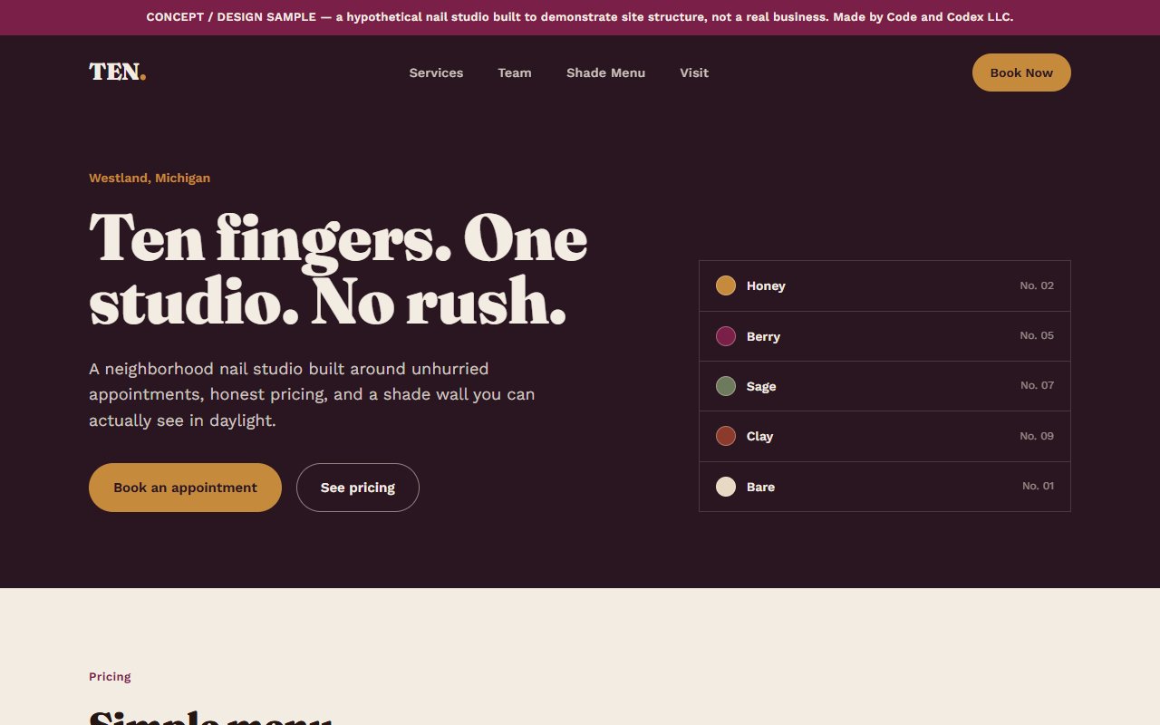 TEN. Nail Studio concept website, showing the homepage hero and shade menu.